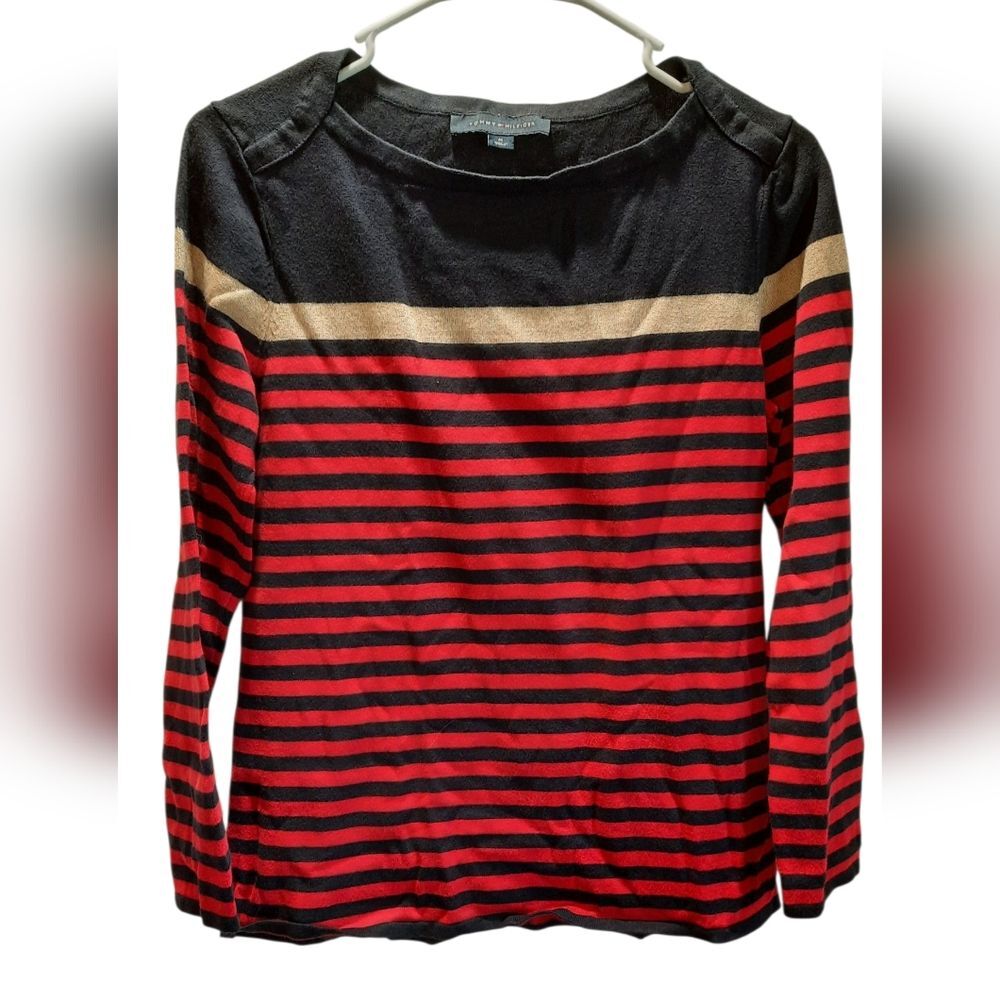 Tommy Hilfiger Shirt Womans Medium Red Blue Stripes Preppy Classic Metallic